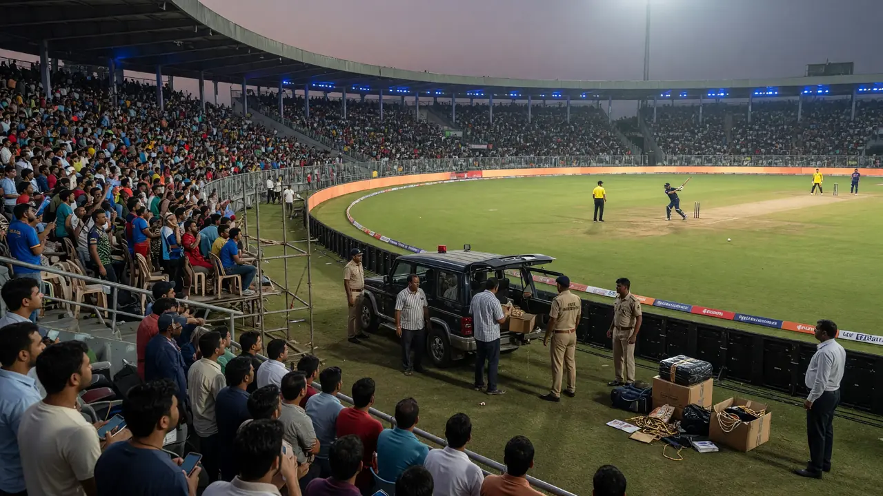 Wide evening view of a packed cricket stadium with floodlights and a green outfield