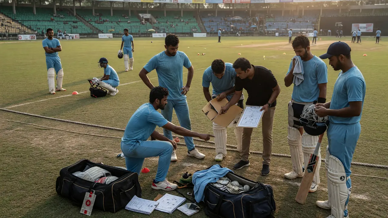 Fielders and a bowler set in position on a cricket ground during a professional match