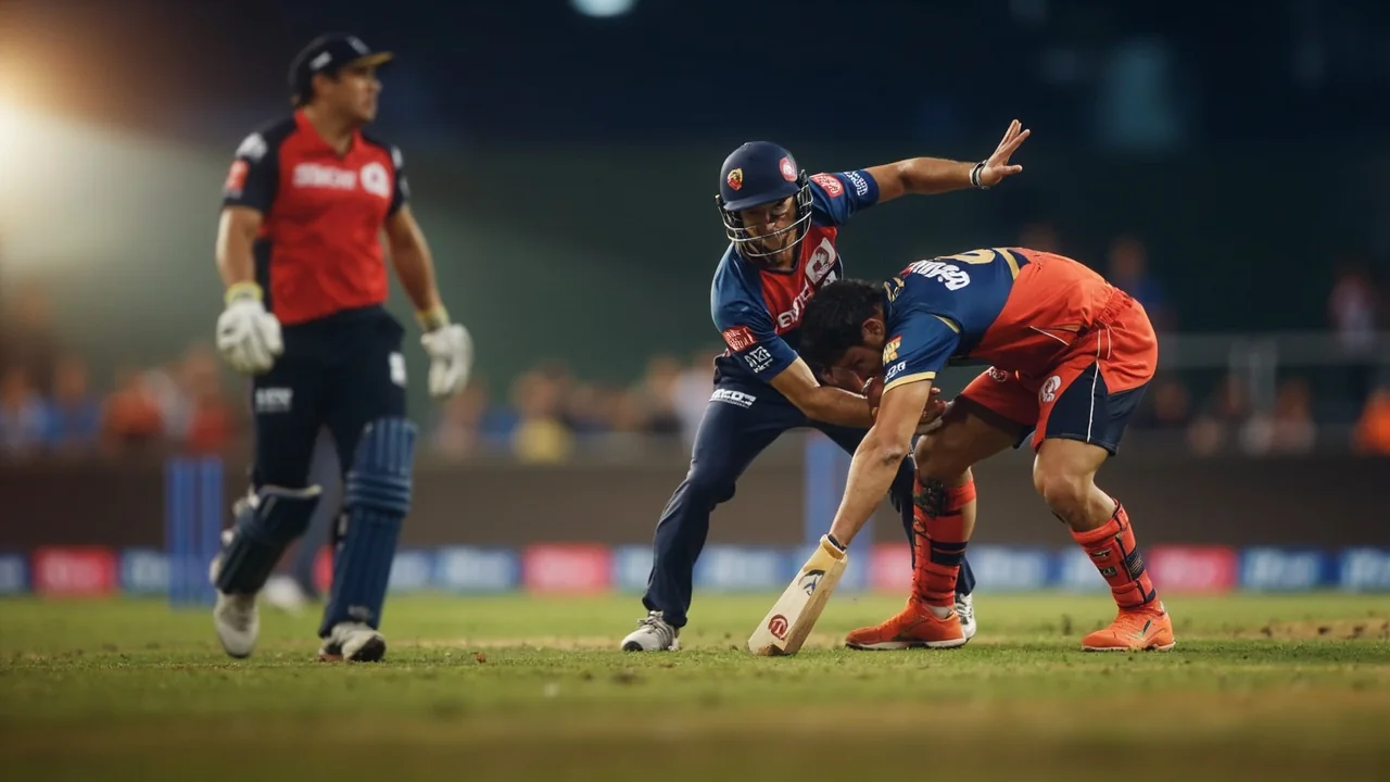 A medium-distance view of a cricket ground showing the pitch, fielding positions and lower-tier seating during an evening match